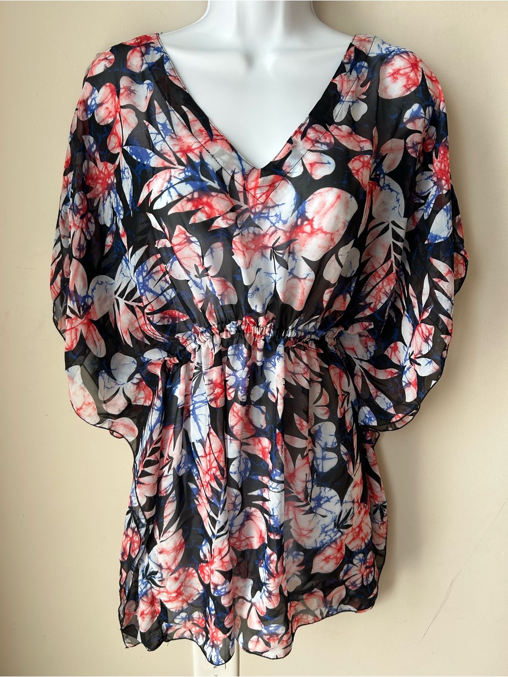 🟢 5 for $25 🟢 Floral Sheer Chiffon V Neck Dolman Sleeve Tunic Resortwear Coverup